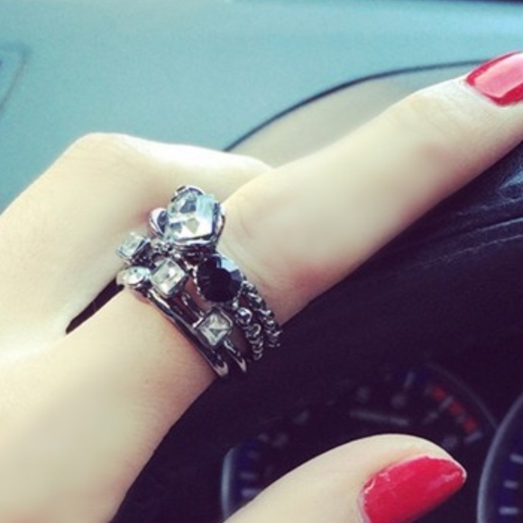 Gunmetal Crystal Midi Stacked Antique Silver Rings - Picture 8 of 8